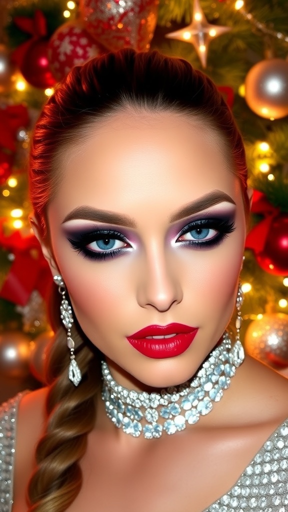 Festive purple Christmas makeup with bold eyeshadow and red lipstick on a model.